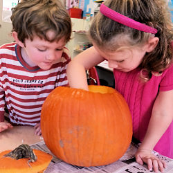 parkside preschool kids carving pumpkins during an extended day program